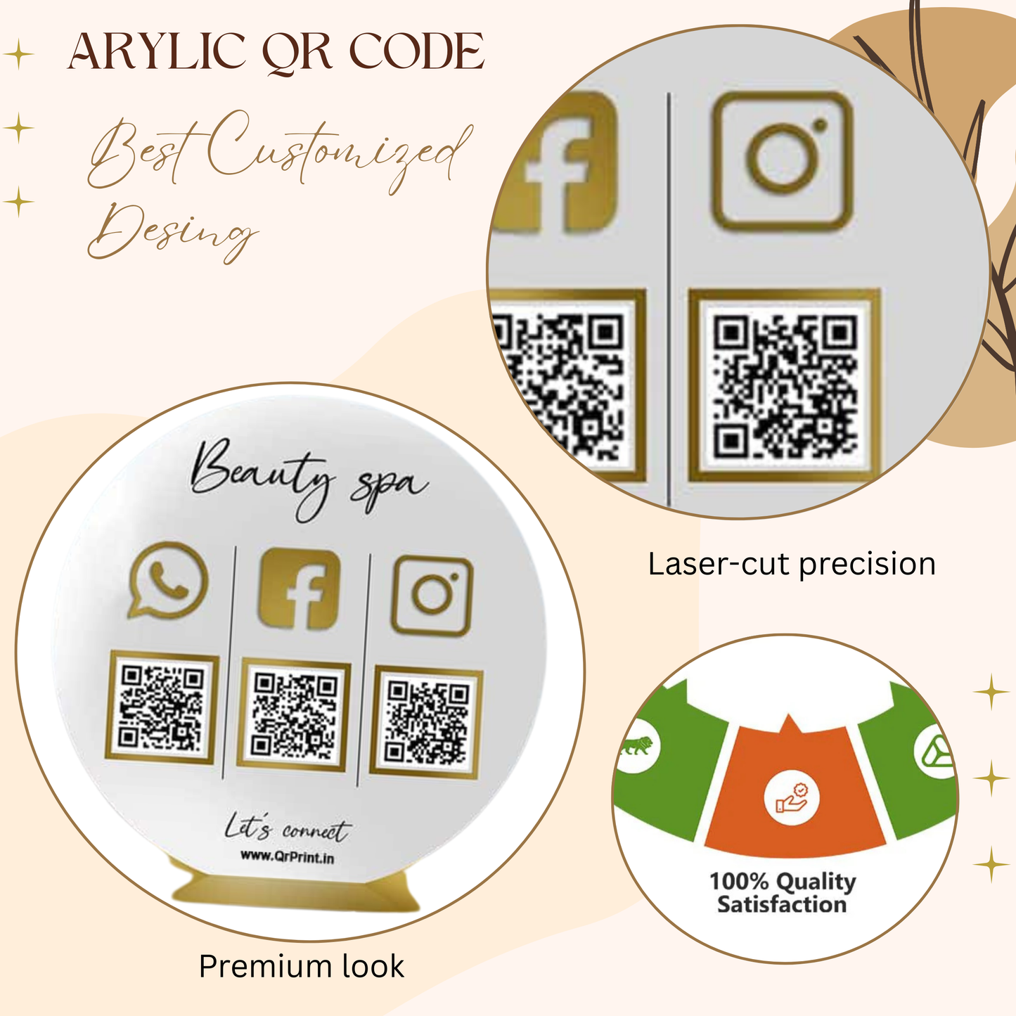 Round White & Gold Acrylic Social Media QR Code Stand – Beauty Spa Contact Display