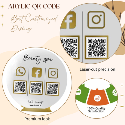 Round White & Gold Acrylic Social Media QR Code Stand – Beauty Spa Contact Display