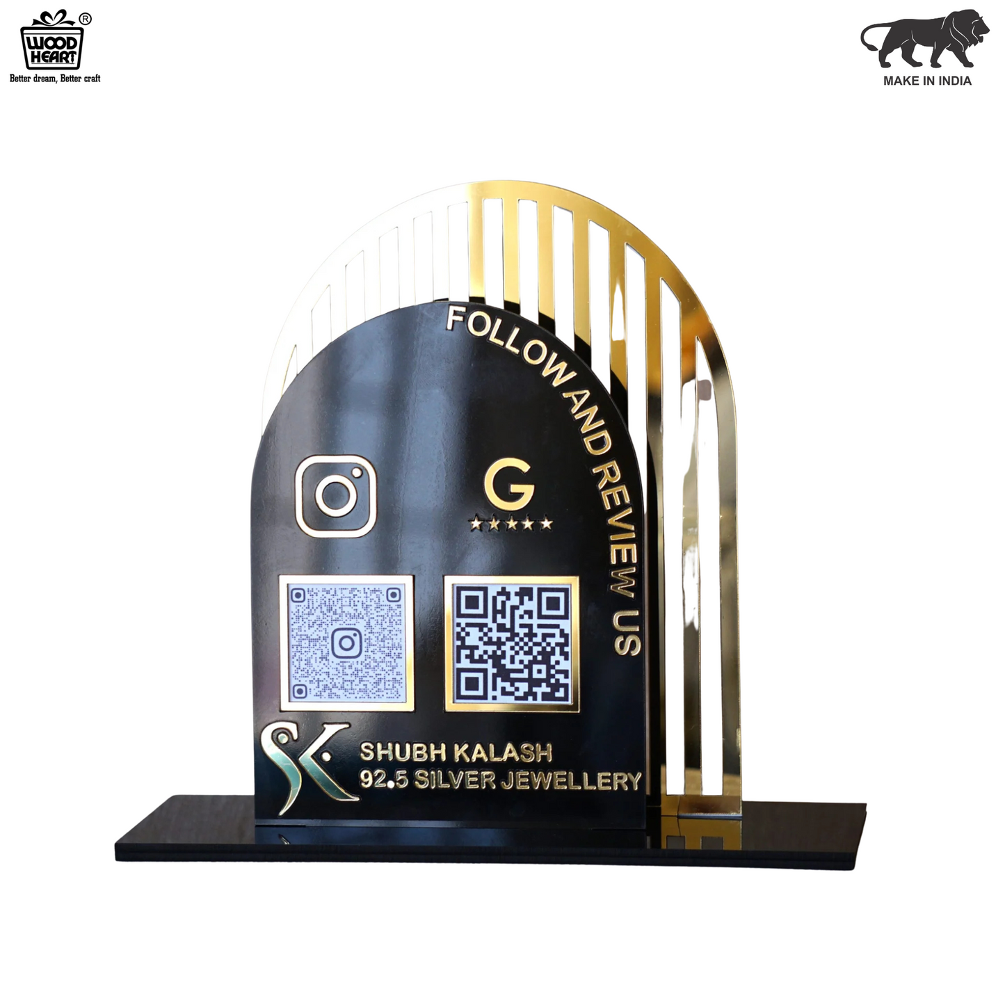 Luxury Acrylic QR Code Stand – “Follow and Review Us” for Shubh Kalash Silver Jewellery