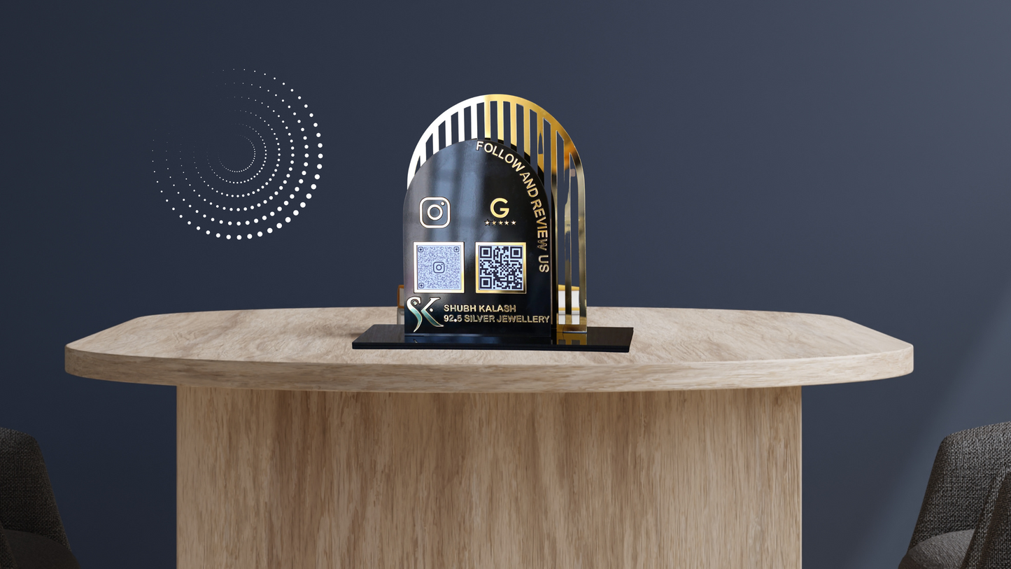 Luxury Acrylic QR Code Stand – “Follow and Review Us” for Shubh Kalash Silver Jewellery