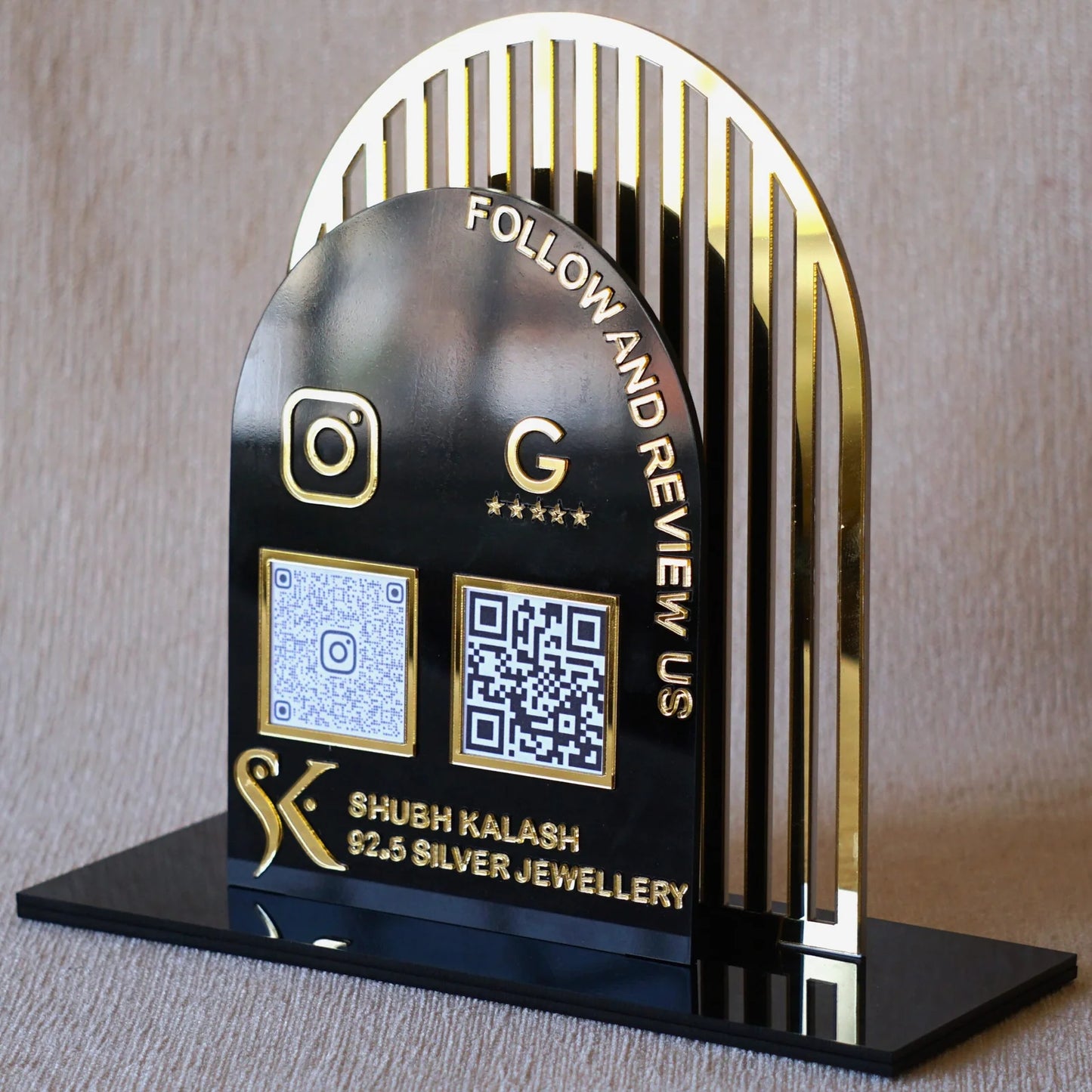 Luxury Acrylic QR Code Stand – “Follow and Review Us” for Shubh Kalash Silver Jewellery