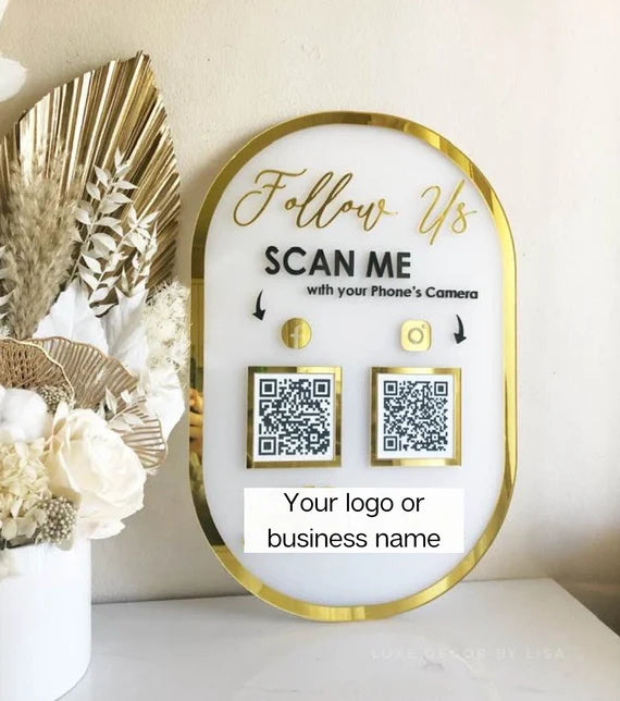 Custom Dual QR Code Acrylic Display Stand – Social Media Follow Us Board