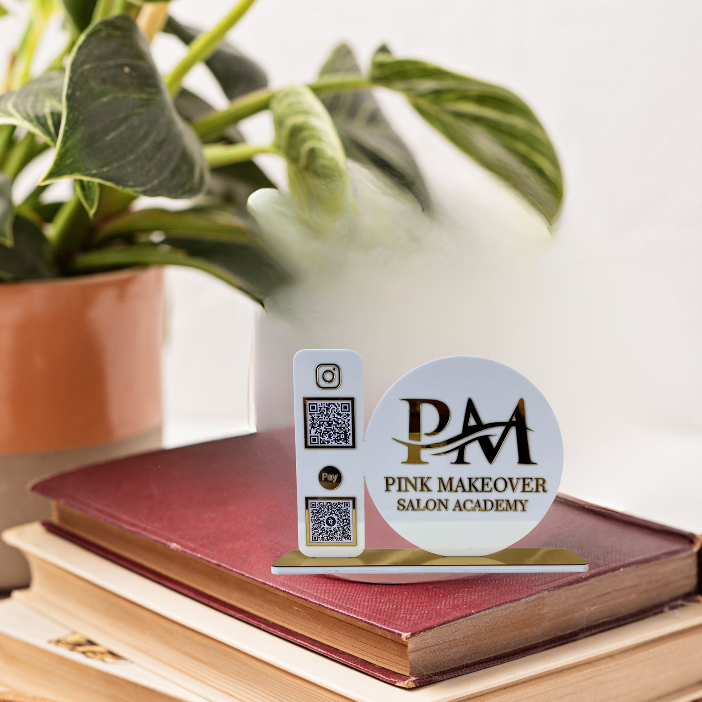 Custom Acrylic Dual QR Code Stand – Pink Makeover Salon Academy