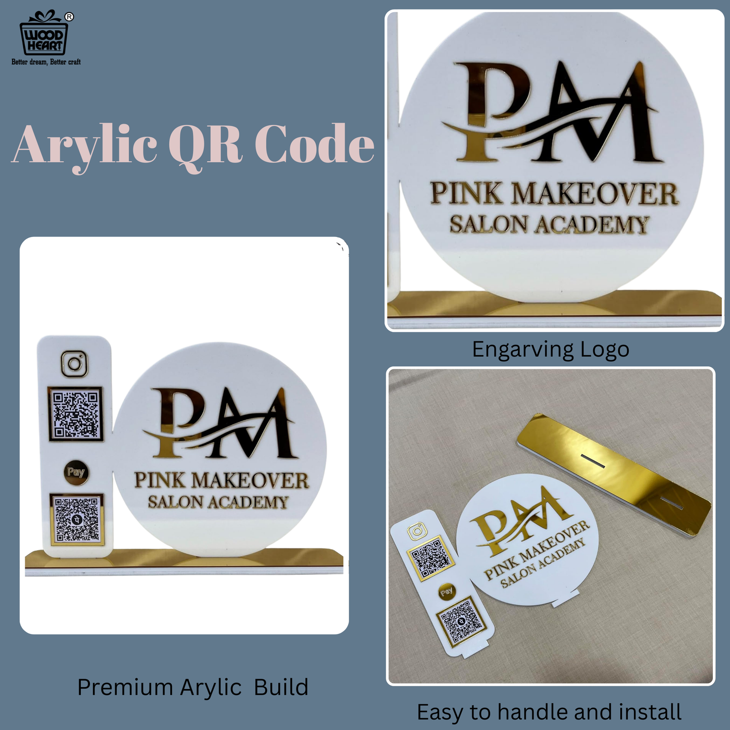 Custom Acrylic Dual QR Code Stand – Pink Makeover Salon Academy