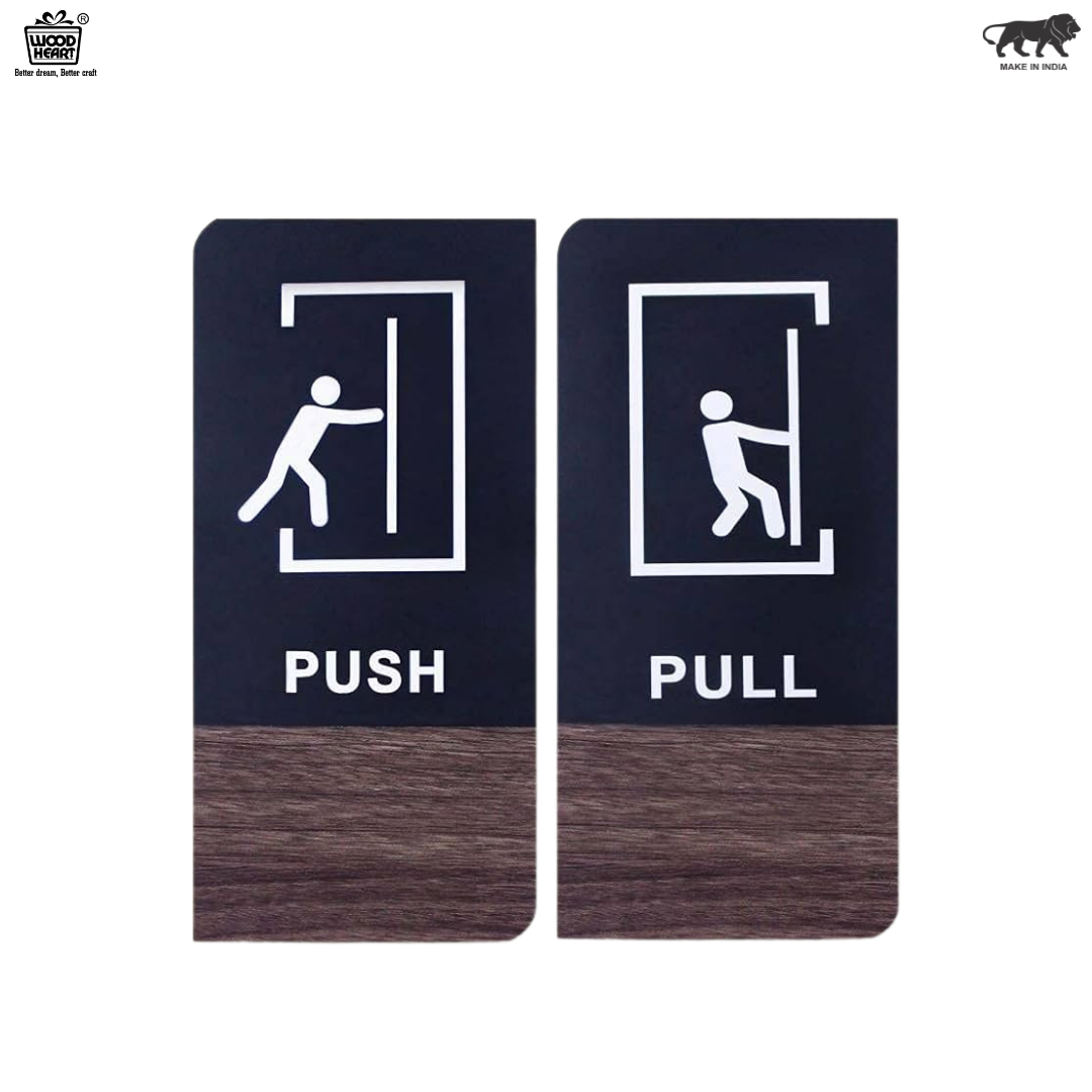 Modern Push & Pull Door Signs – Black & Wood Finish with Pictogram