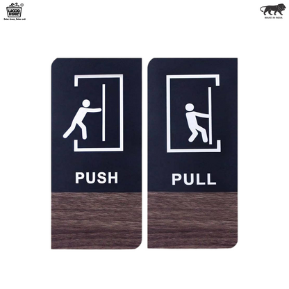 Modern Push & Pull Door Signs – Black & Wood Finish with Pictogram
