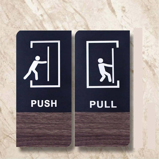 Modern Push & Pull Door Signs – Black & Wood Finish with Pictogram