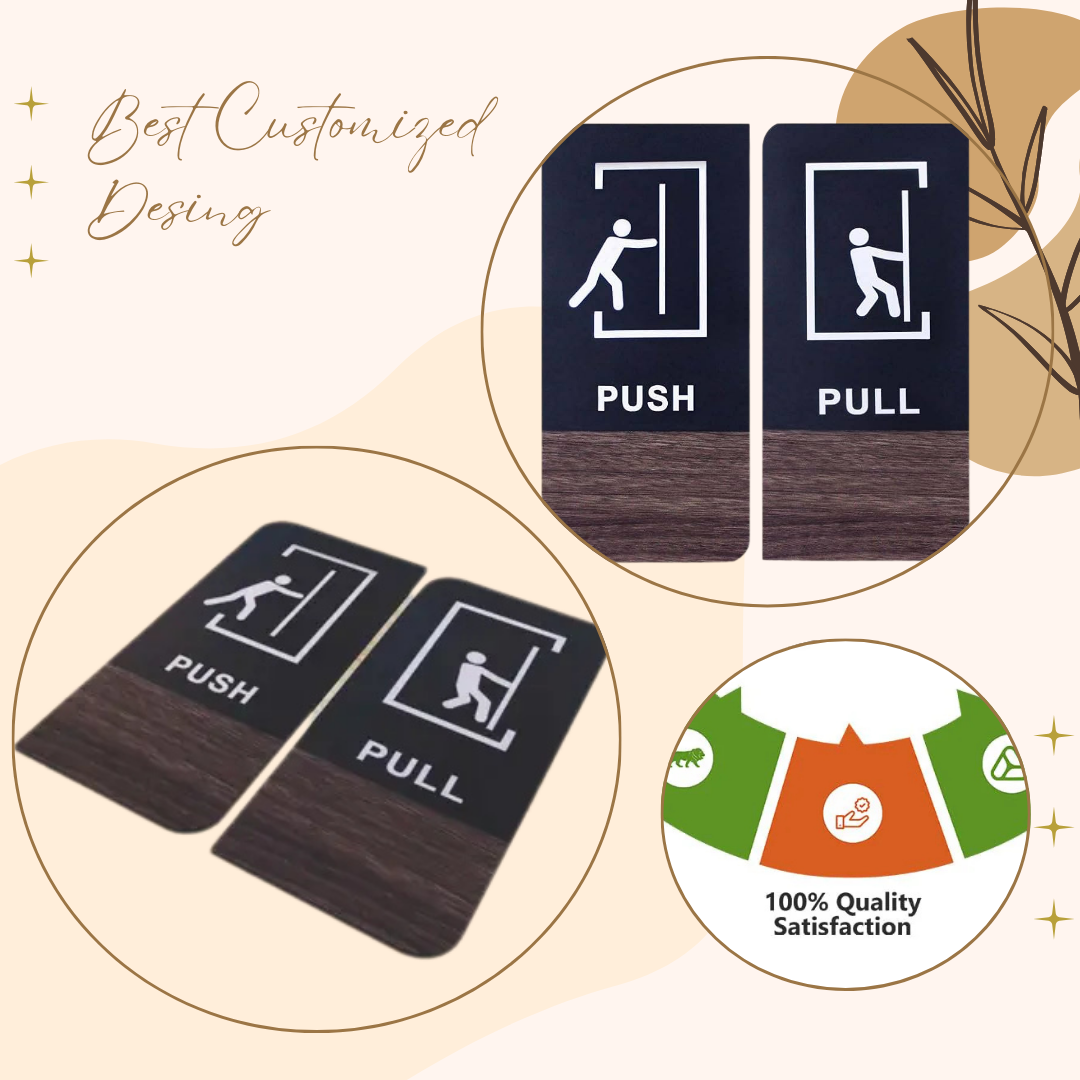 Modern Push & Pull Door Signs – Black & Wood Finish with Pictogram