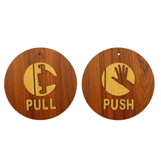 Wooden Push & Pull Door Signs – Round Engraved Design