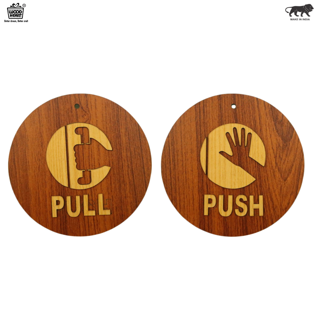 Wooden Push & Pull Door Signs – Round Engraved Design