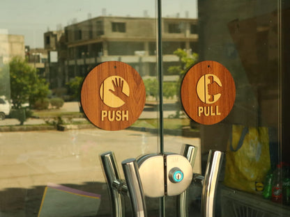 Wooden Push & Pull Door Signs – Round Engraved Design