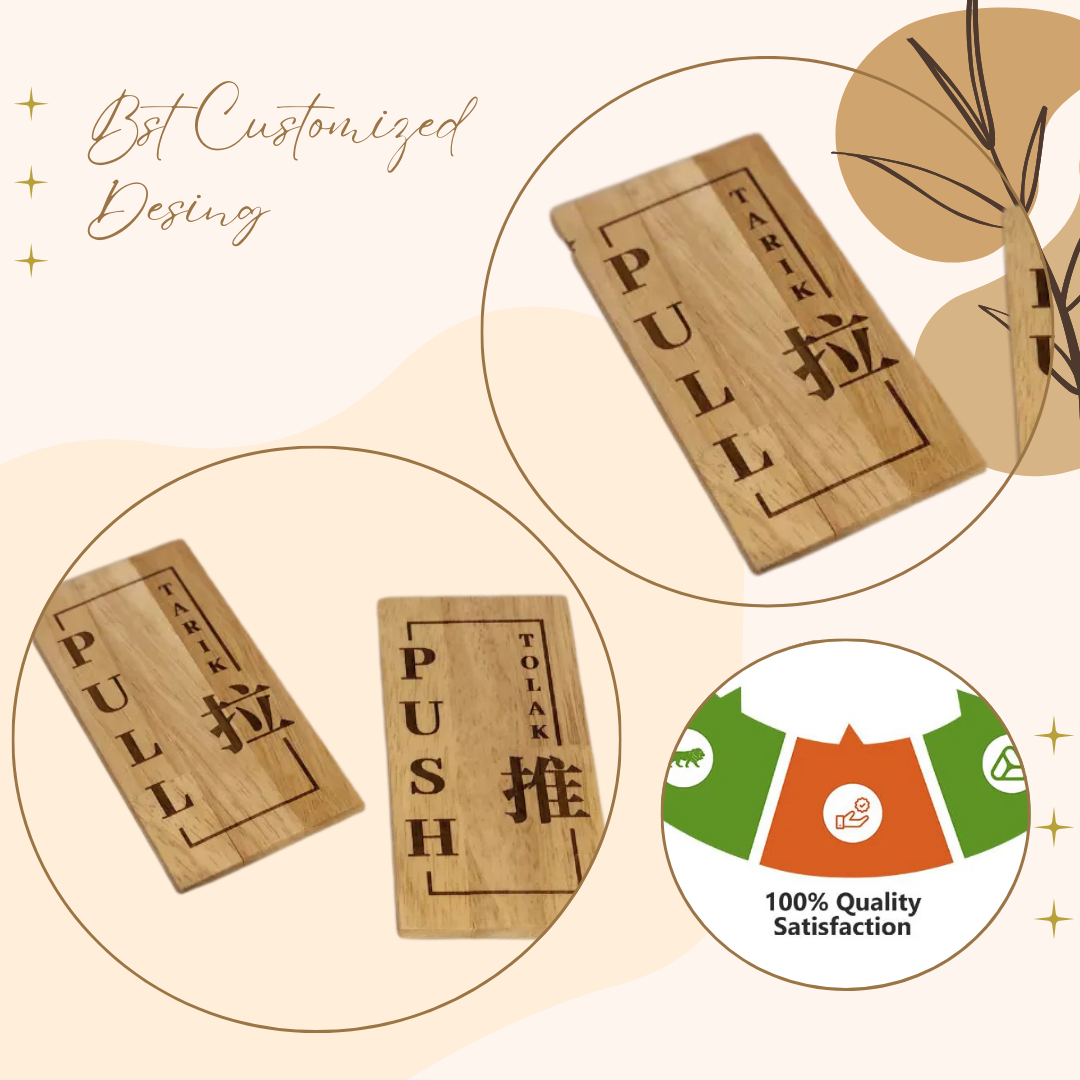 Wooden Push & Pull Door Signs with Multilingual Engraving