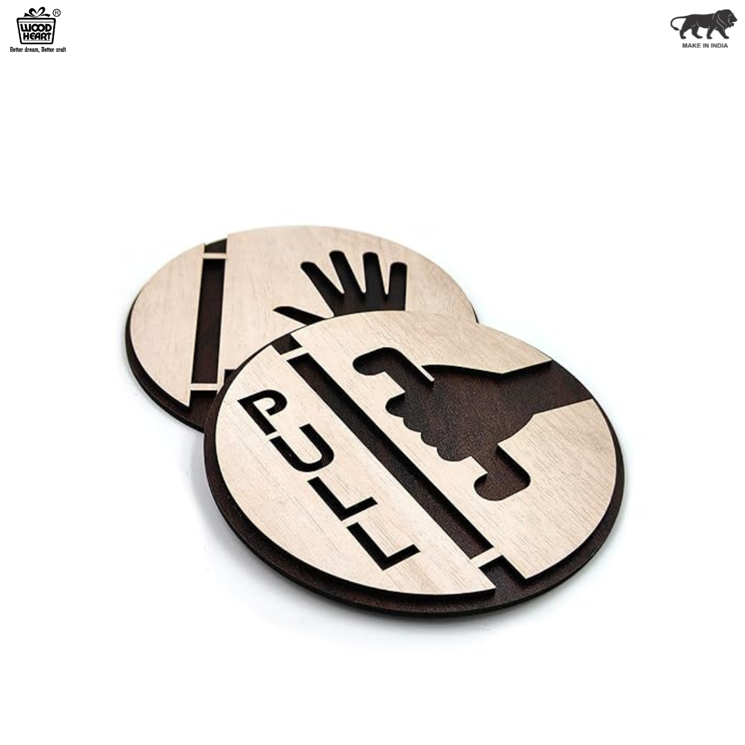 Round Wooden Push & Pull Door Sign Set with Cutout Design