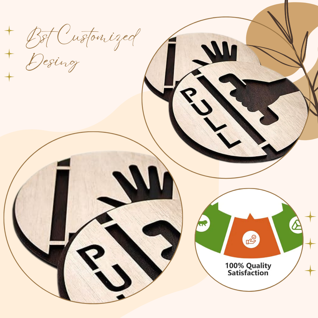 Round Wooden Push & Pull Door Sign Set with Cutout Design
