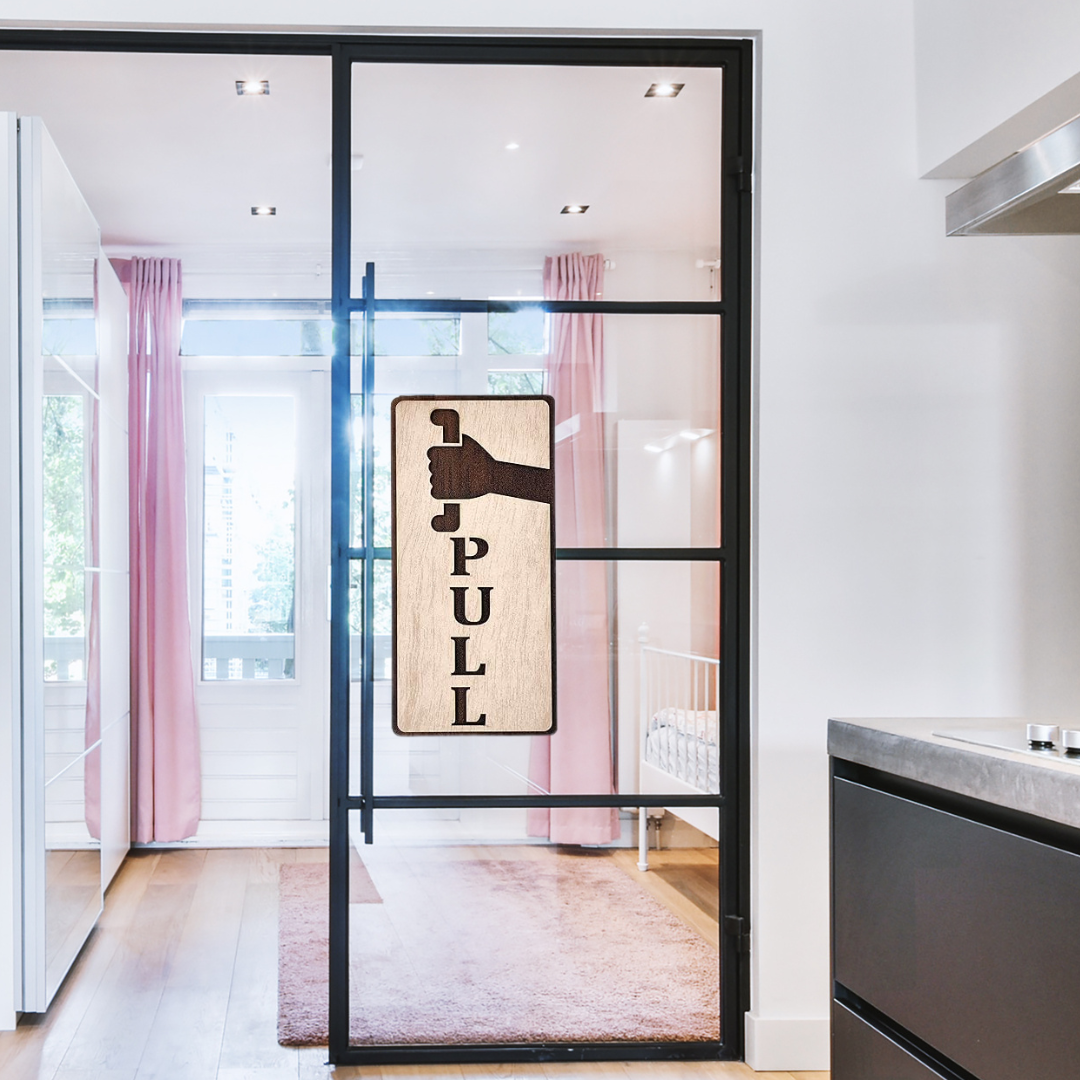 Wooden Push & Pull Door Sign Set with Hand Illustrations