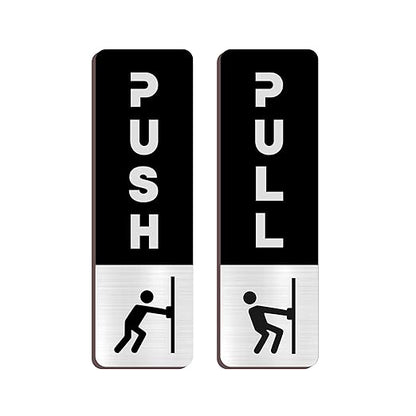 Black & Silver Push/Pull Door Sign Plates with Icon – Modern Brushed Finish