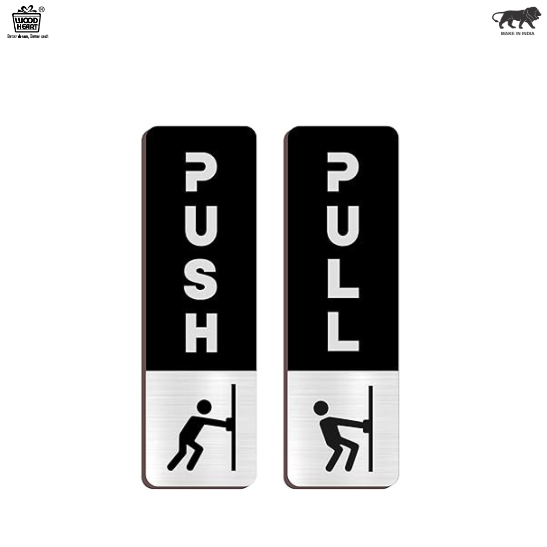 Black & Silver Push/Pull Door Sign Plates with Icon – Modern Brushed Finish