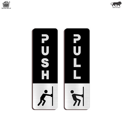 Black & Silver Push/Pull Door Sign Plates with Icon – Modern Brushed Finish
