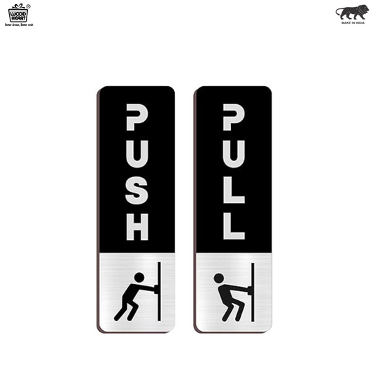 Black & Silver Push/Pull Door Sign Plates with Icon – Modern Brushed Finish