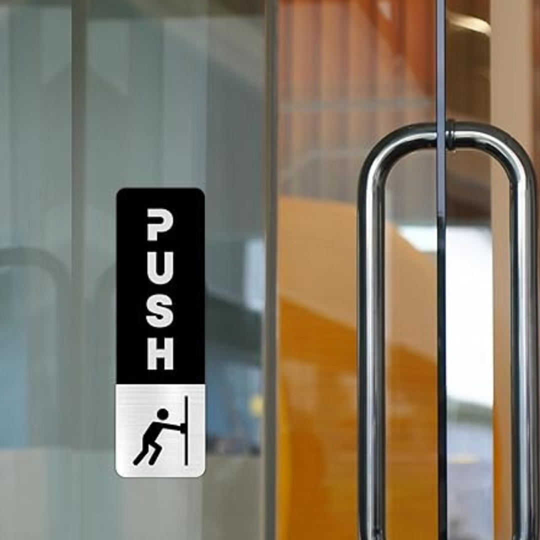 Black & Silver Push/Pull Door Sign Plates with Icon – Modern Brushed Finish