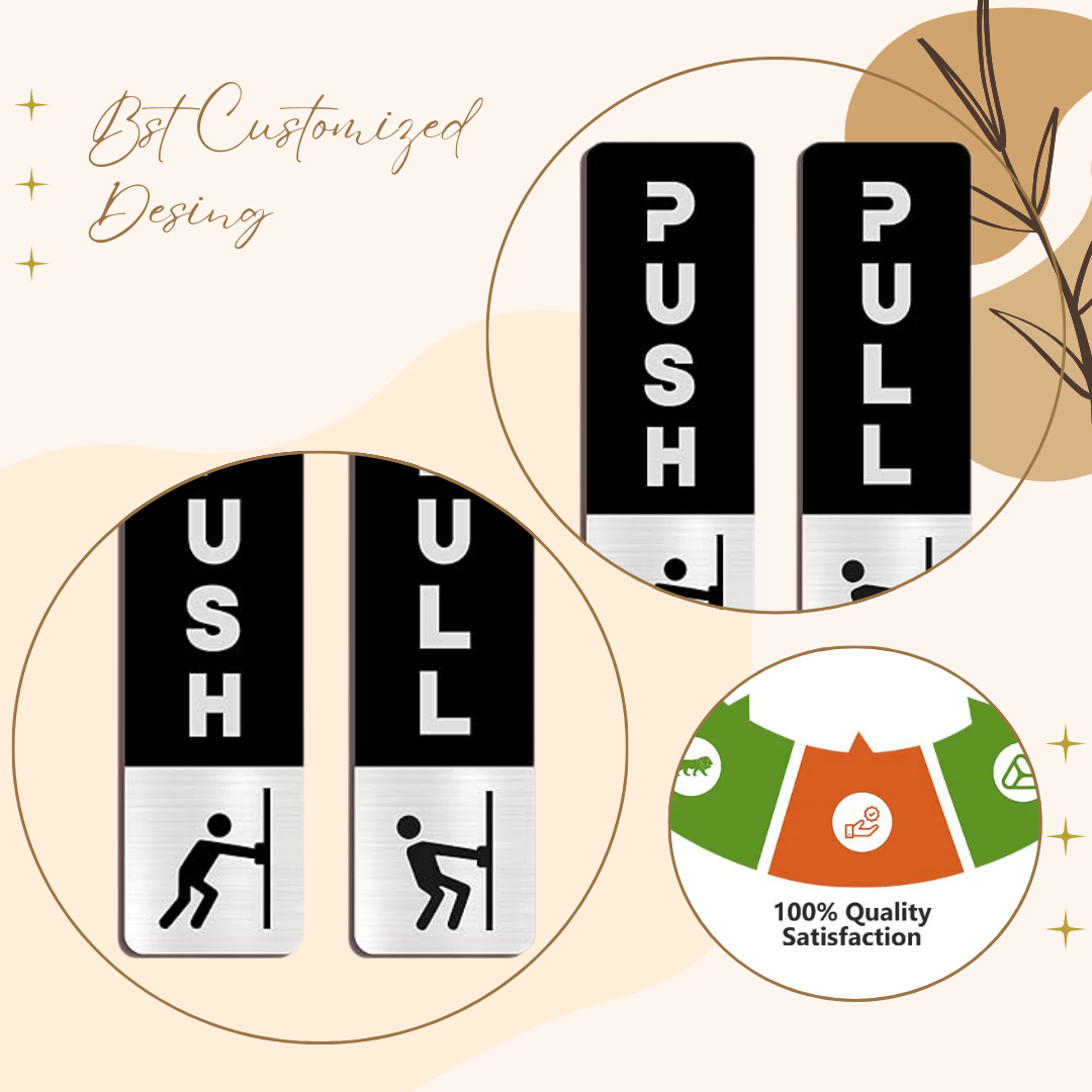 Black & Silver Push/Pull Door Sign Plates with Icon – Modern Brushed Finish