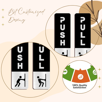 Black & Silver Push/Pull Door Sign Plates with Icon – Modern Brushed Finish