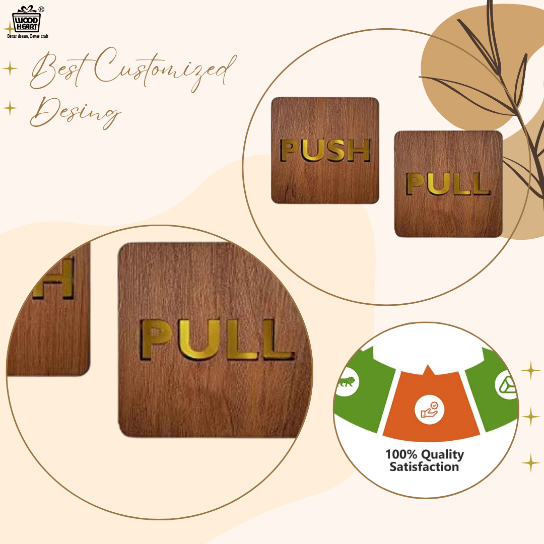 Premium Wooden Push & Pull Door Sign Board – Golden Letter Cut Design