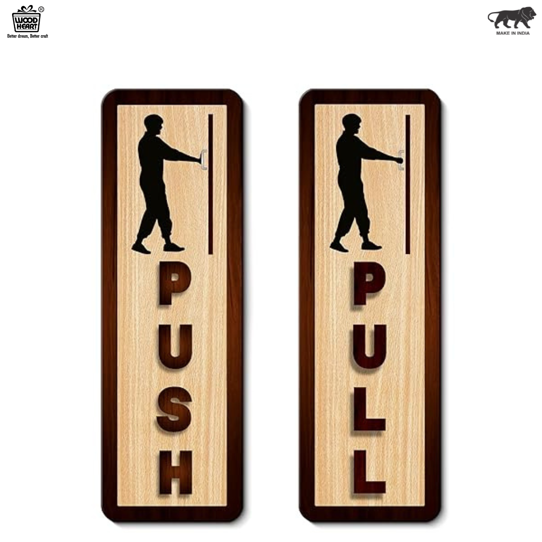 Vertical Wooden Push & Pull Door Sign Board – Silhouette Figure Design
