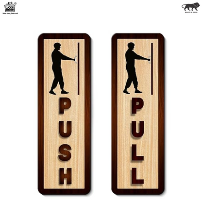 Vertical Wooden Push & Pull Door Sign Board – Silhouette Figure Design