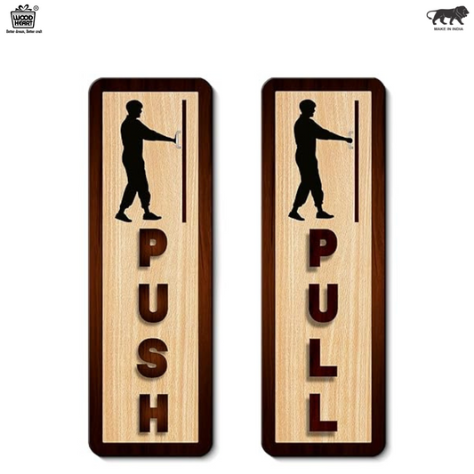 Vertical Wooden Push & Pull Door Sign Board – Silhouette Figure Design