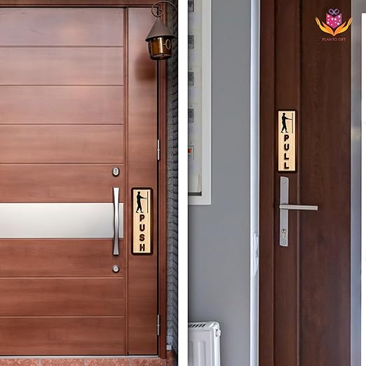 Vertical Wooden Push & Pull Door Sign Board – Silhouette Figure Design