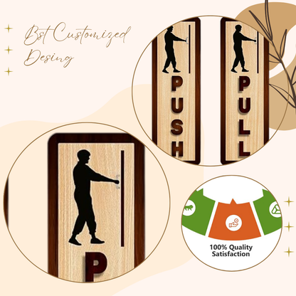 Vertical Wooden Push & Pull Door Sign Board – Silhouette Figure Design
