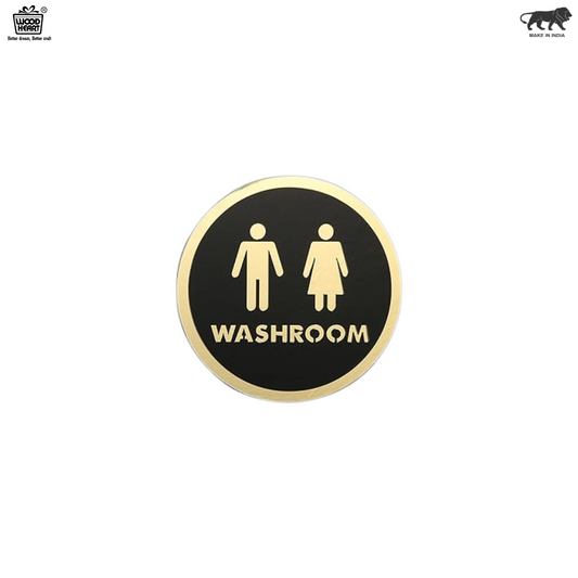 Premium Round Washroom Sign Board – Black & Gold Unisex Design