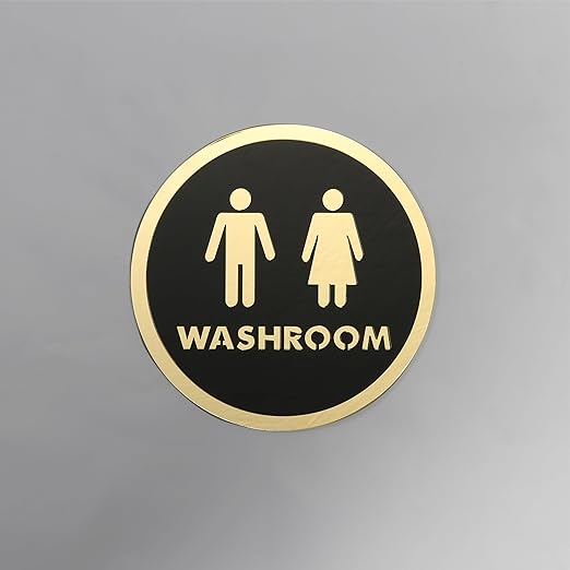 Premium Round Washroom Sign Board – Black & Gold Unisex Design