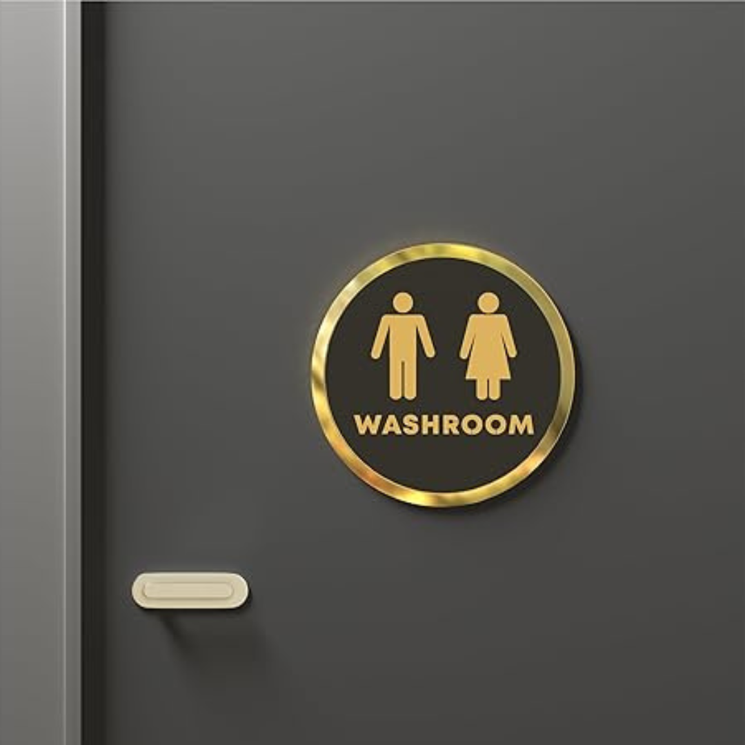 Premium Round Washroom Sign Board – Black & Gold Unisex Design
