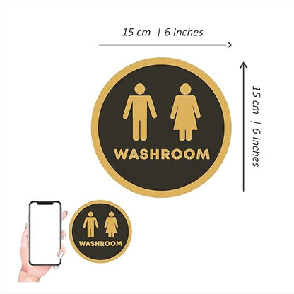 Premium Round Washroom Sign Board – Black & Gold Unisex Design