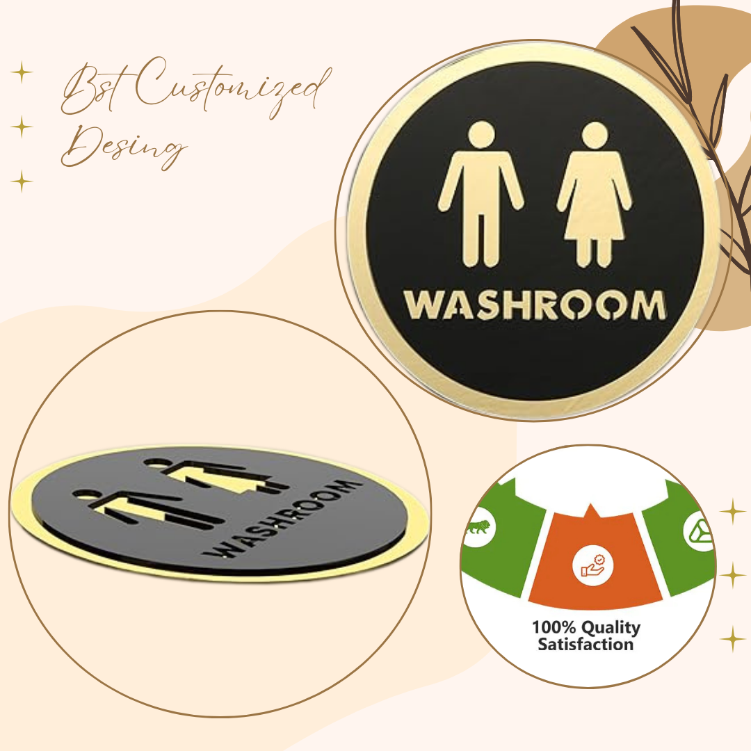 Premium Round Washroom Sign Board – Black & Gold Unisex Design