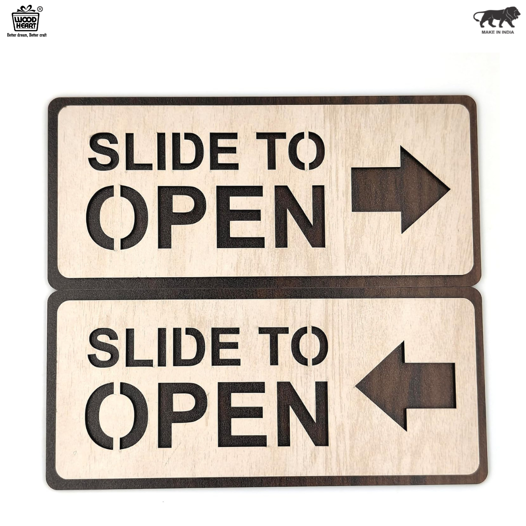 Wooden “Slide to Open” Door Sign Board – Left & Right Arrow Set