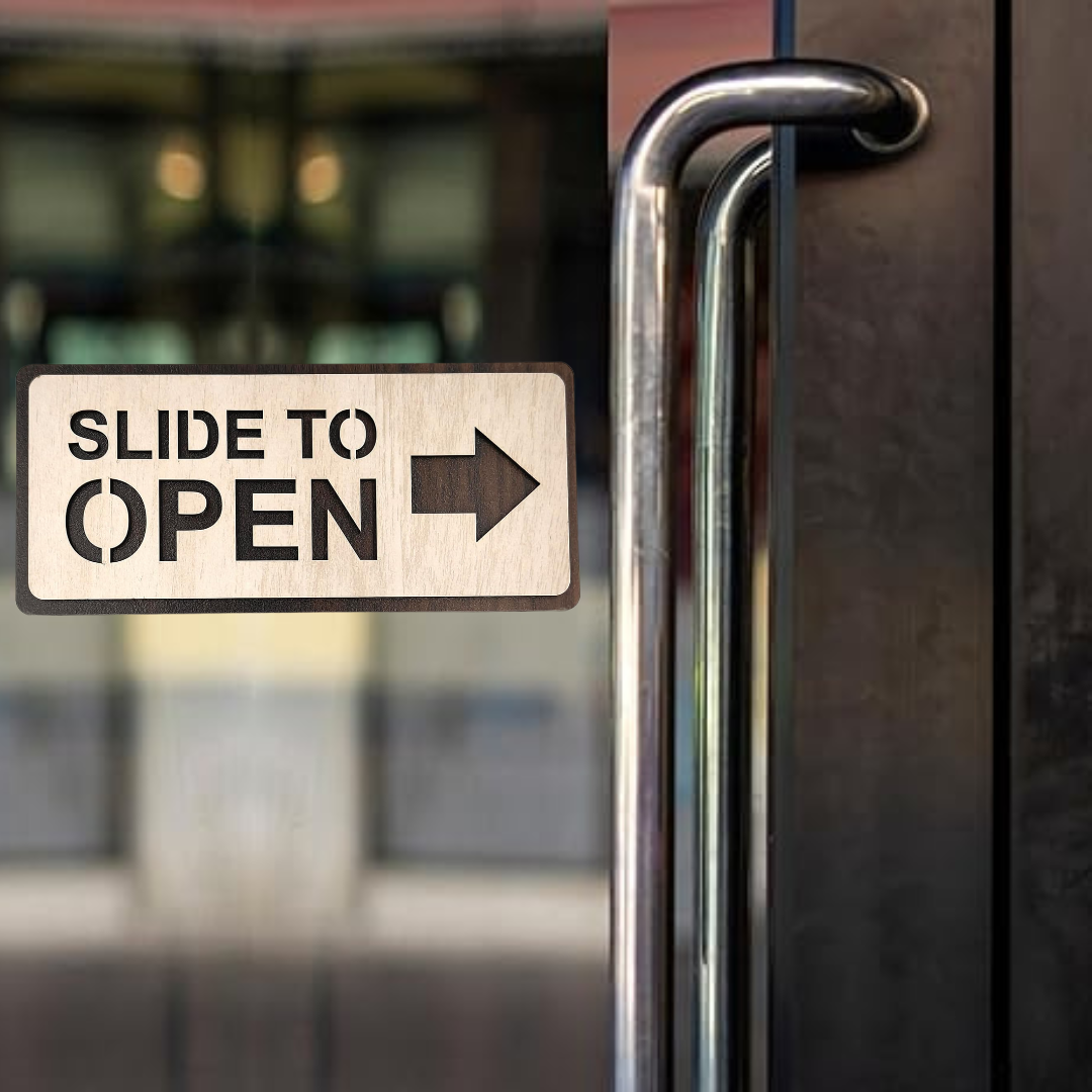 Wooden “Slide to Open” Door Sign Board – Left & Right Arrow Set