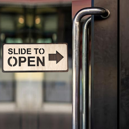 Wooden “Slide to Open” Door Sign Board – Left & Right Arrow Set
