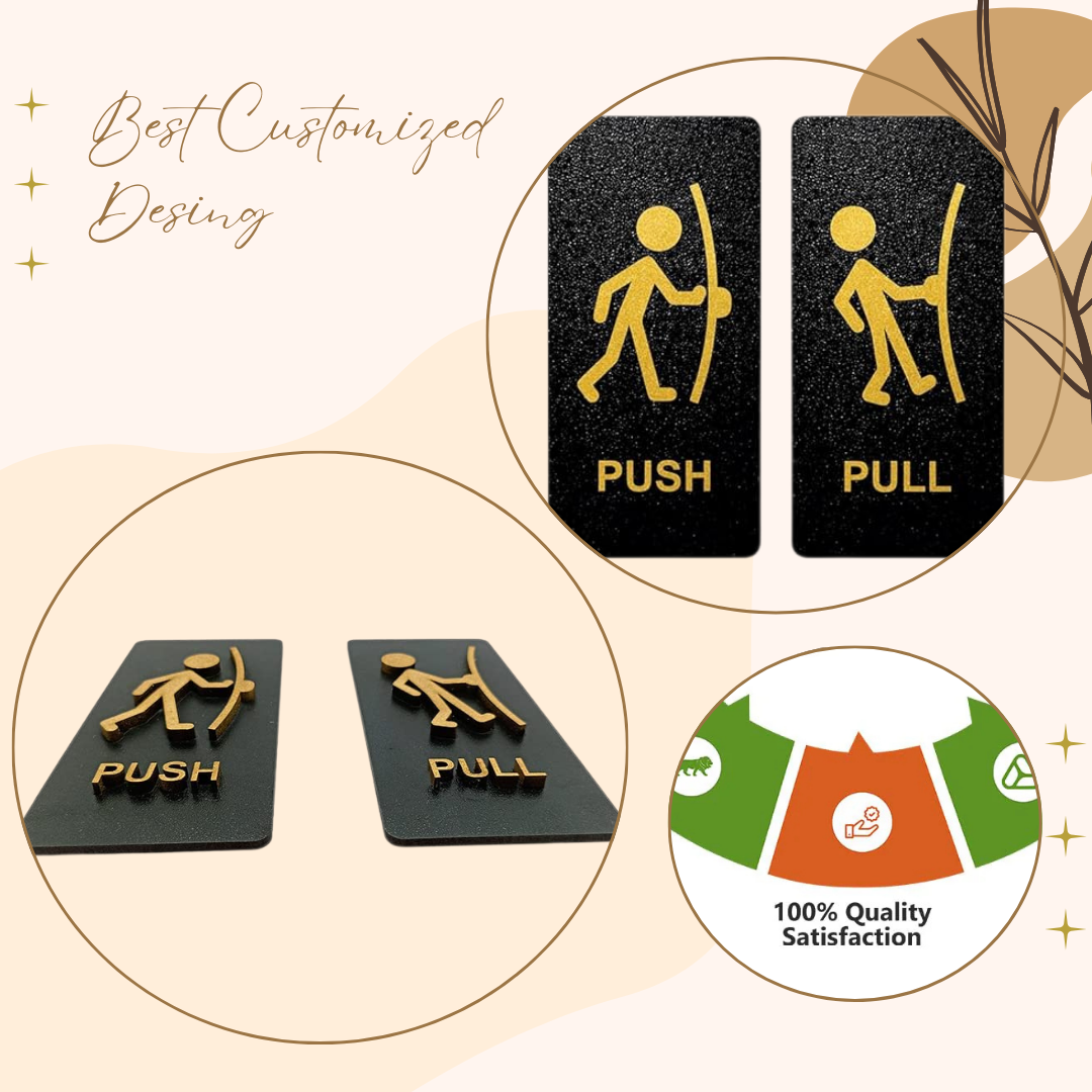 Black & Gold Push & Pull Door Sign Board – Stick Figure Design