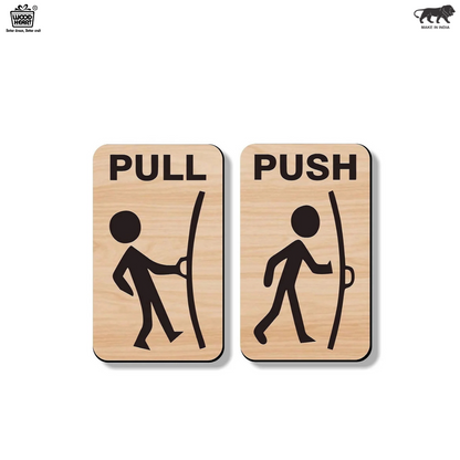 Wood Finish Push & Pull Door Sign Board – Stick Figure Design