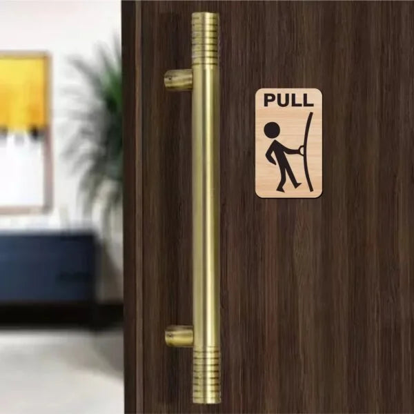 Wood Finish Push & Pull Door Sign Board – Stick Figure Design