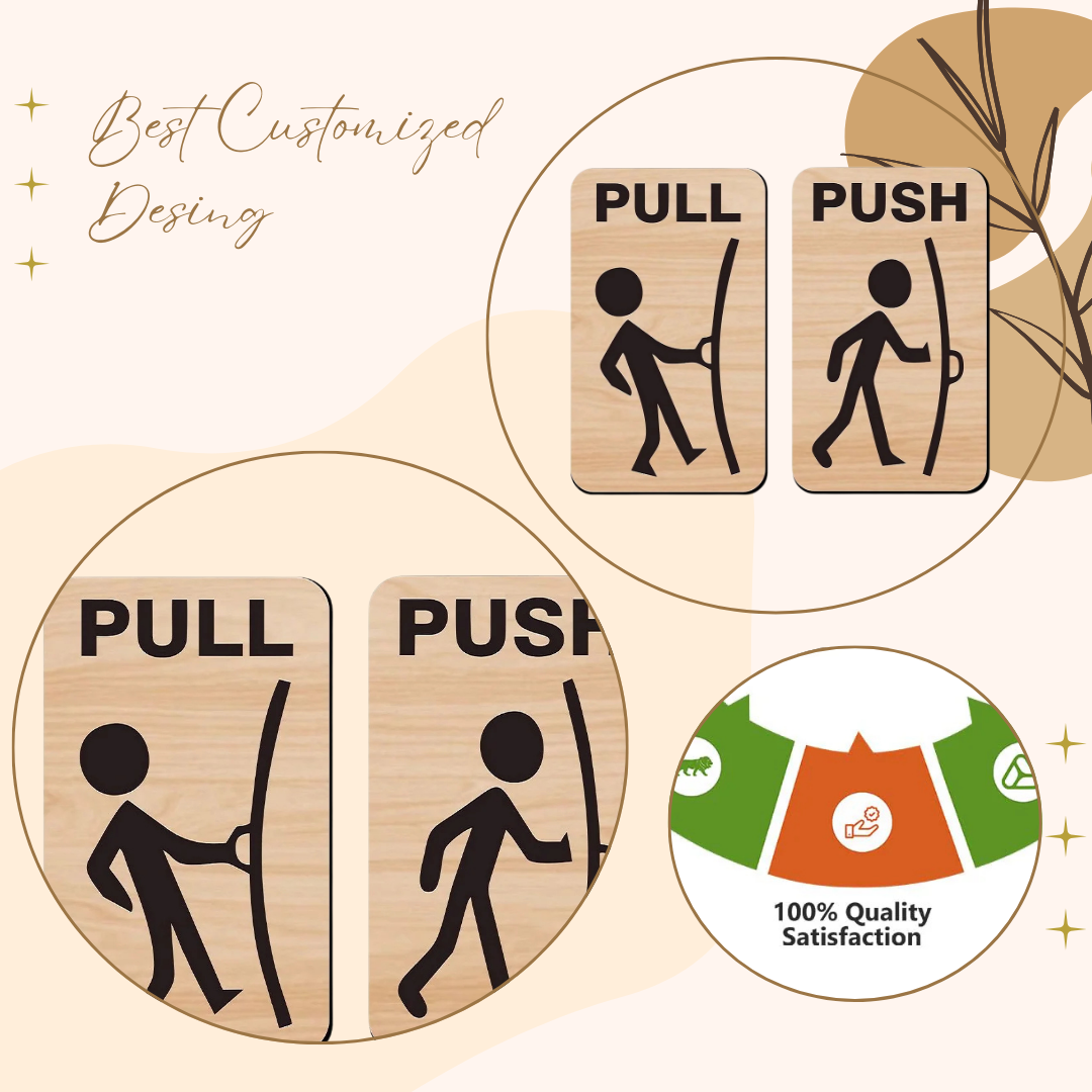 Wood Finish Push & Pull Door Sign Board – Stick Figure Design