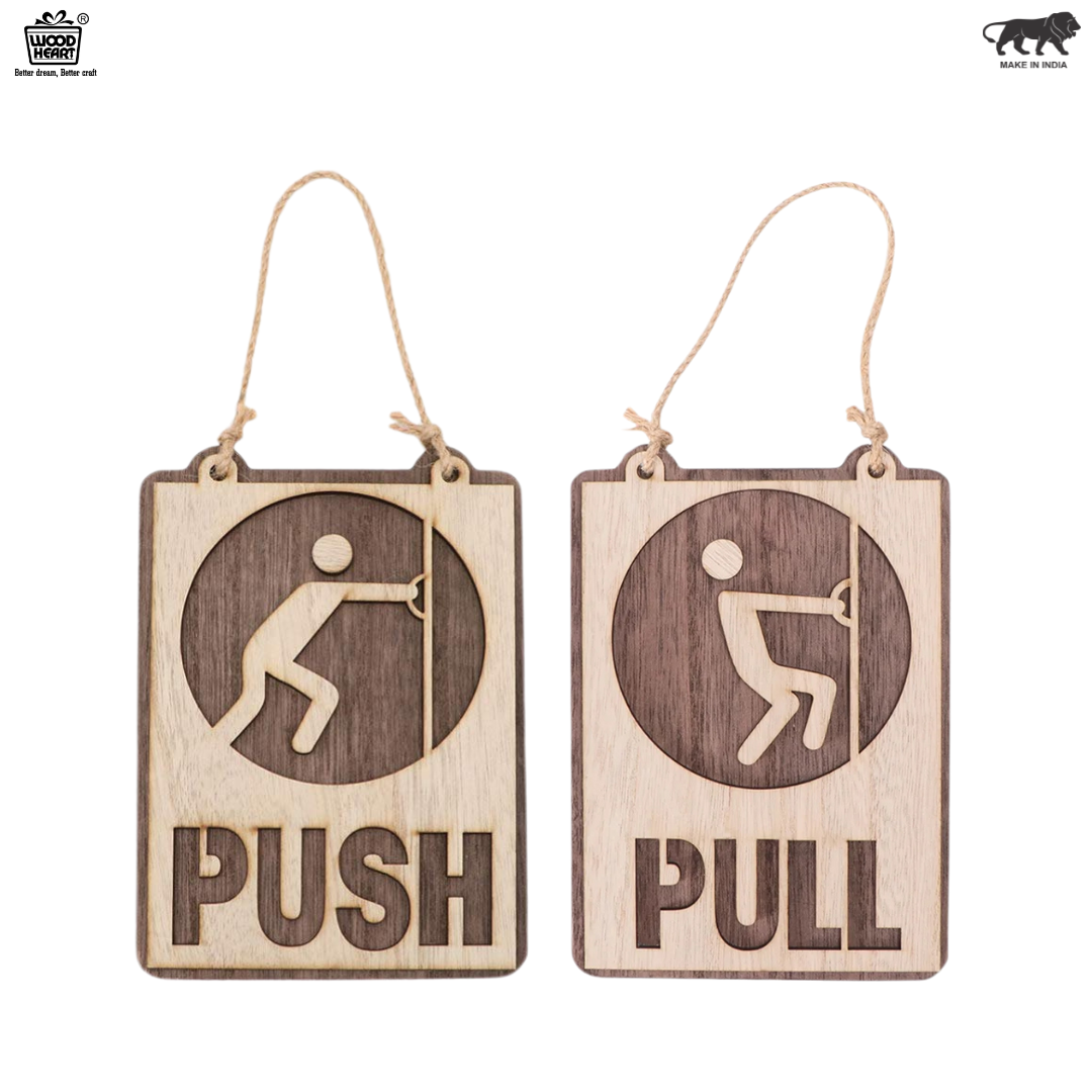 Rustic Wooden Push & Pull Hanging Door Signs – Dual Tone Engraved Design