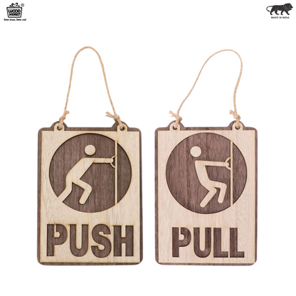 Rustic Wooden Push & Pull Hanging Door Signs – Dual Tone Engraved Design