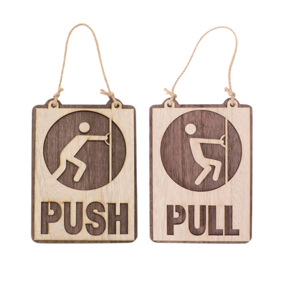Rustic Wooden Push & Pull Hanging Door Signs – Dual Tone Engraved Design