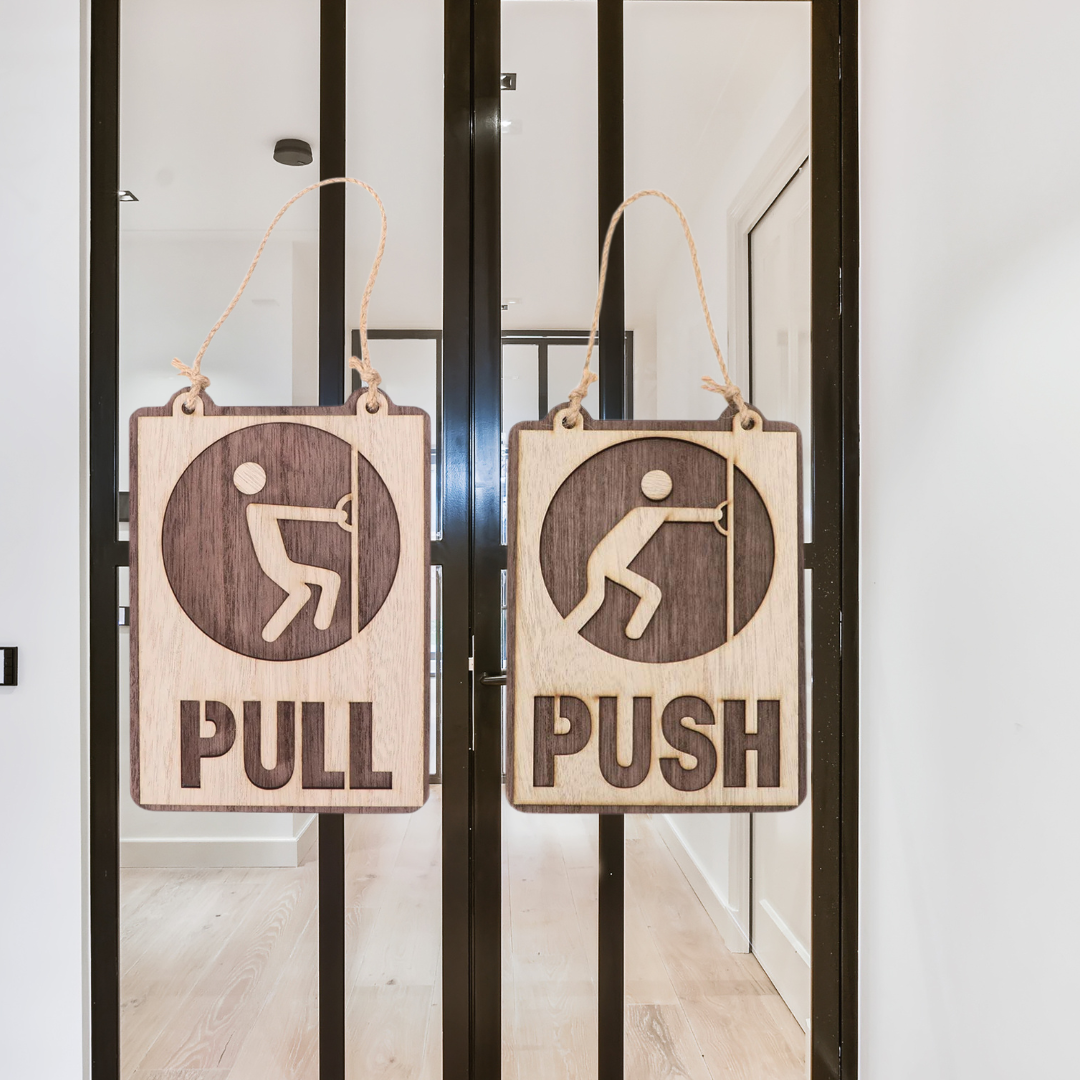 Rustic Wooden Push & Pull Hanging Door Signs – Dual Tone Engraved Design