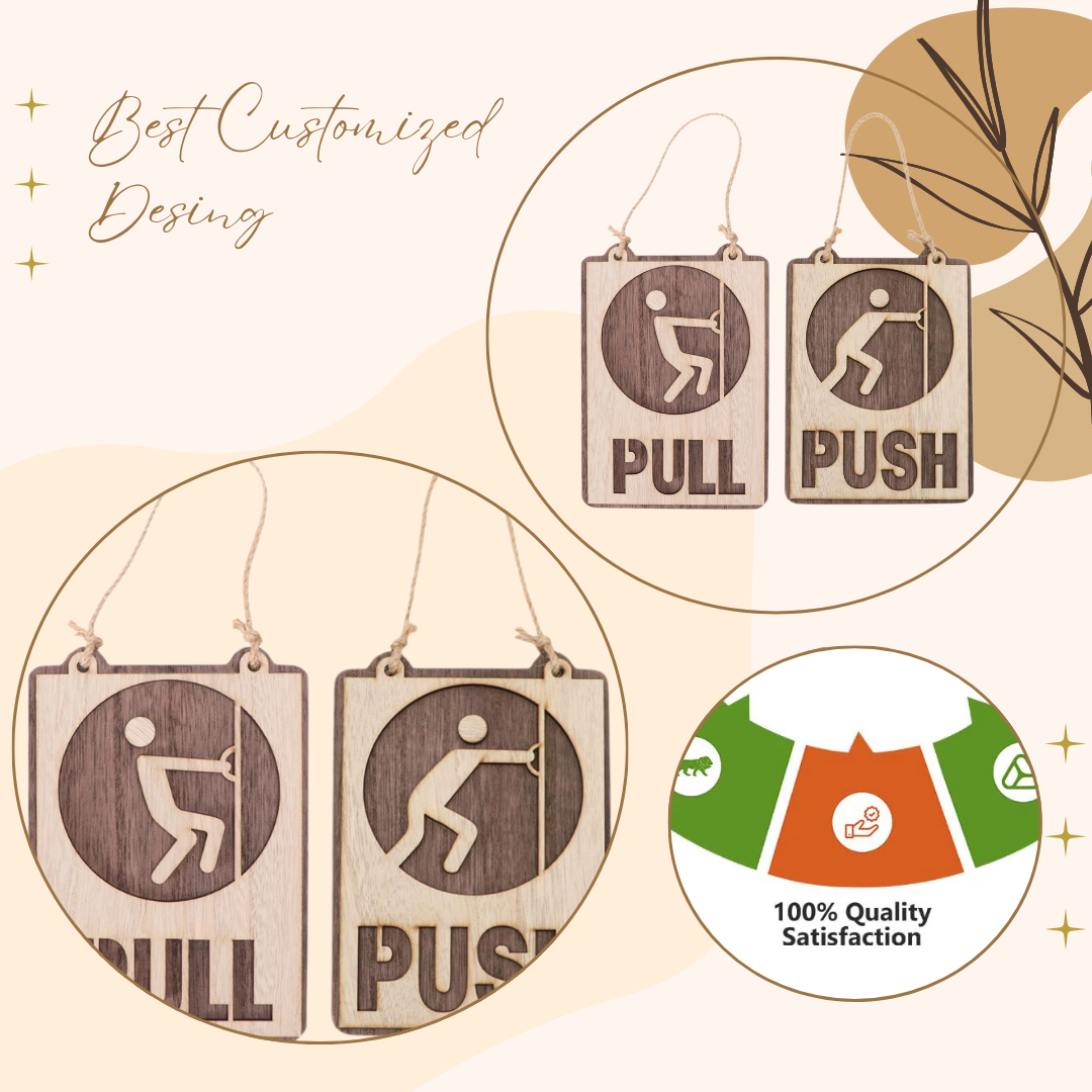 Rustic Wooden Push & Pull Hanging Door Signs – Dual Tone Engraved Design