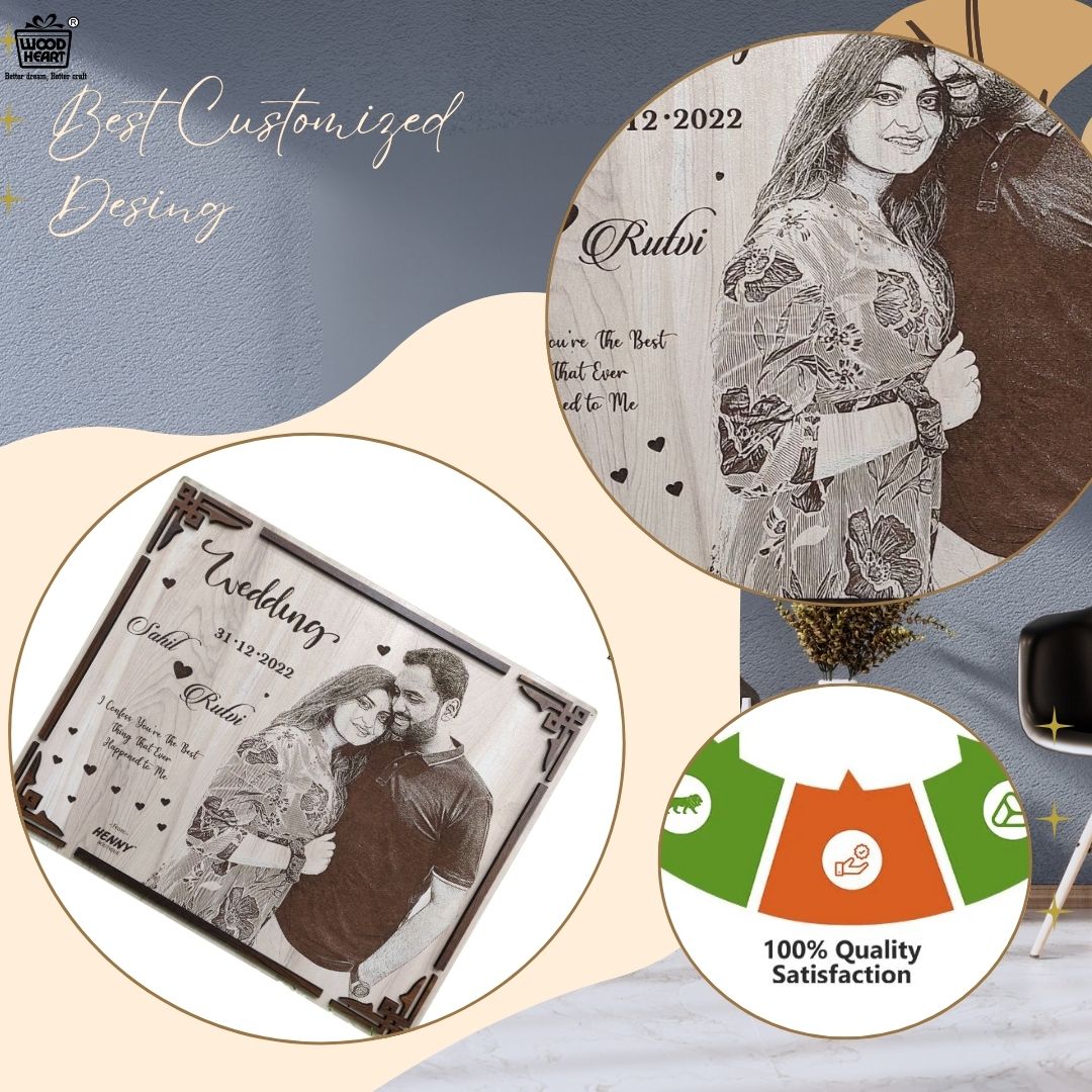 Personalized Wooden Wedding Photo Frame | Custom Engraved Couple Name & Date Gift by Wood Heart